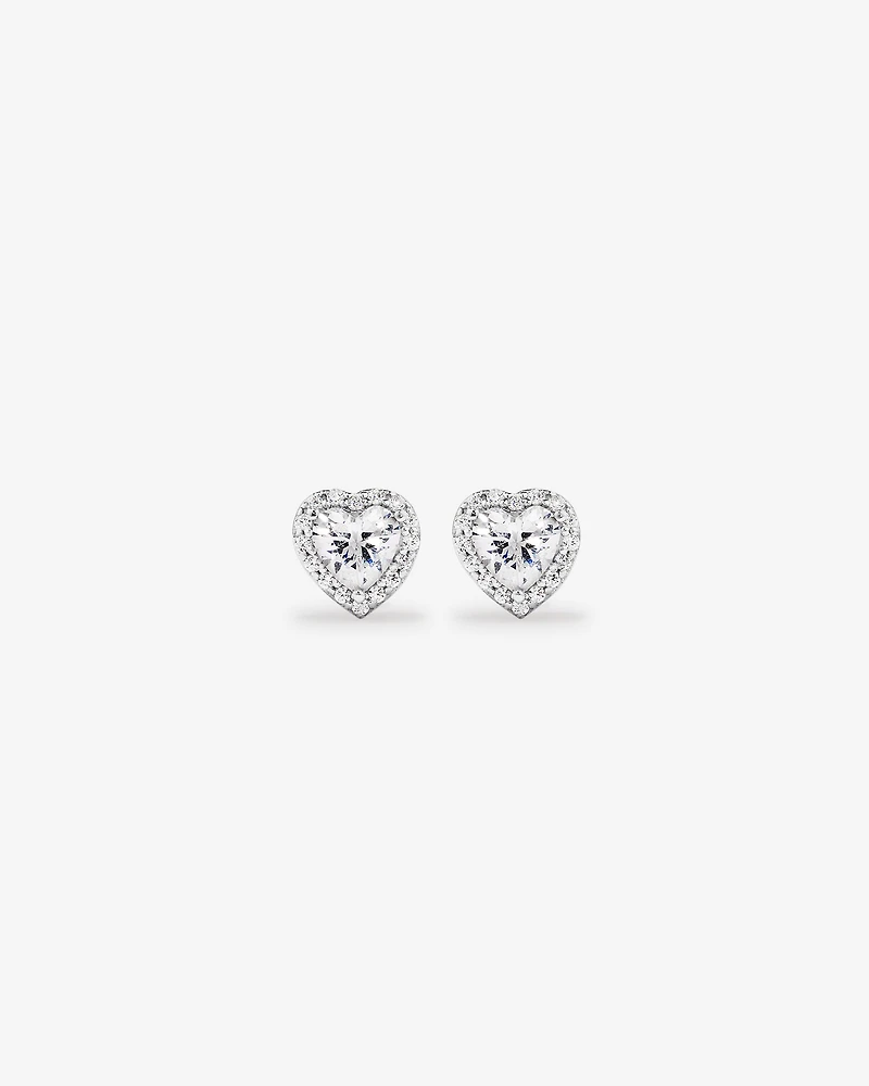 Heart Shape Cubic Zirconia Halo Stud Earrings in Sterling Silver