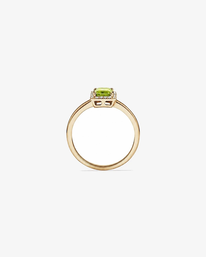Bague halo Péridot taille émeraude avec diamants en or jaune 10 ct