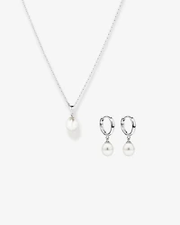 Cultured Freshwater Pearl Drop Huggie Hoop Earrings and Pendant Necklace Set in Sterling Silver