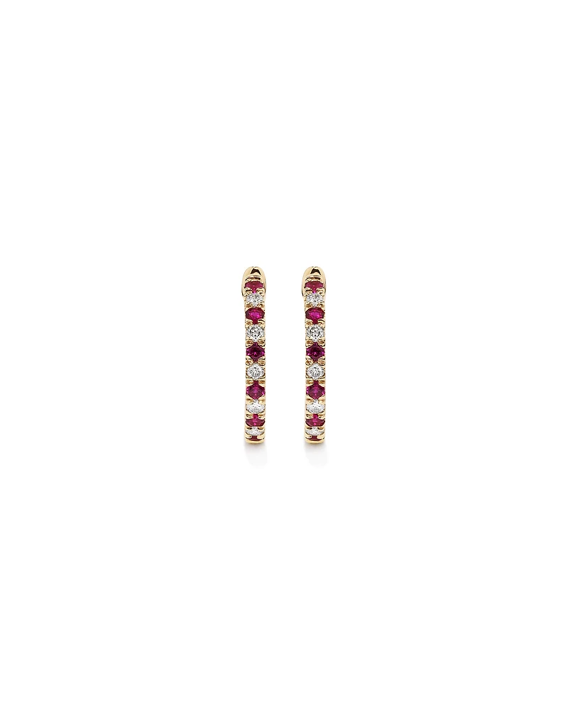 0.22 Carat TW Diamond and Created Ruby Huggie Hoop Earrings in 10kt Yellow Gold