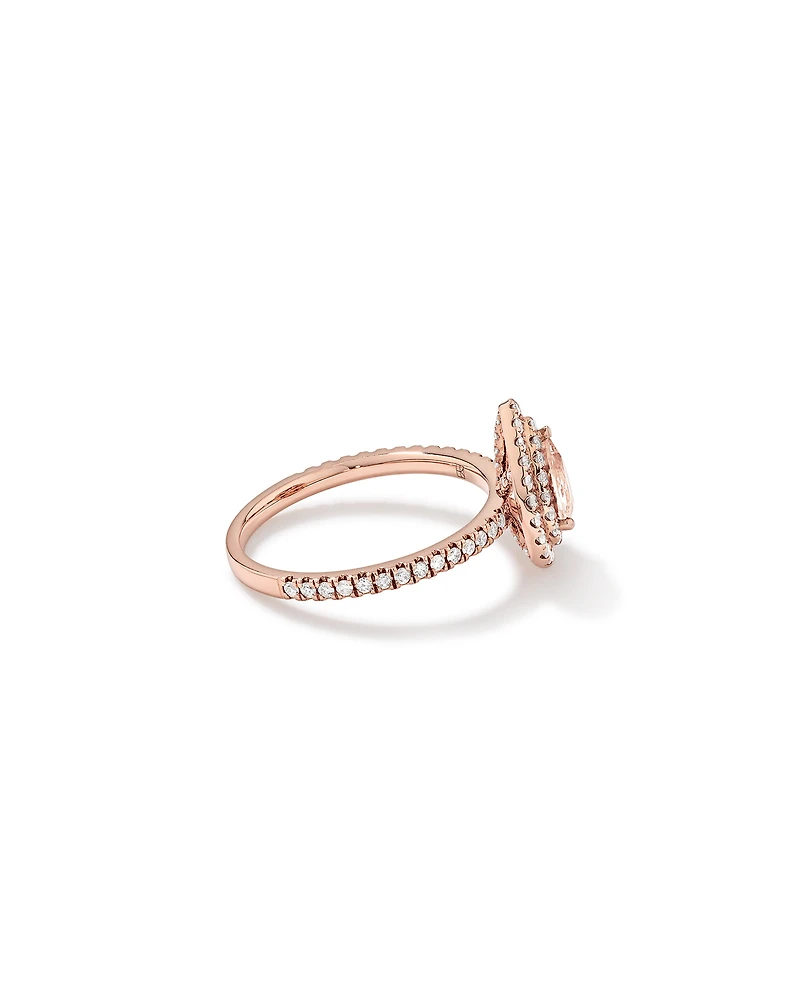 Pear Cut Morganite Gemstone and 0.45 Carat TW Diamond Halo and Side Accent Engagement Ring in 10kt Rose Gold