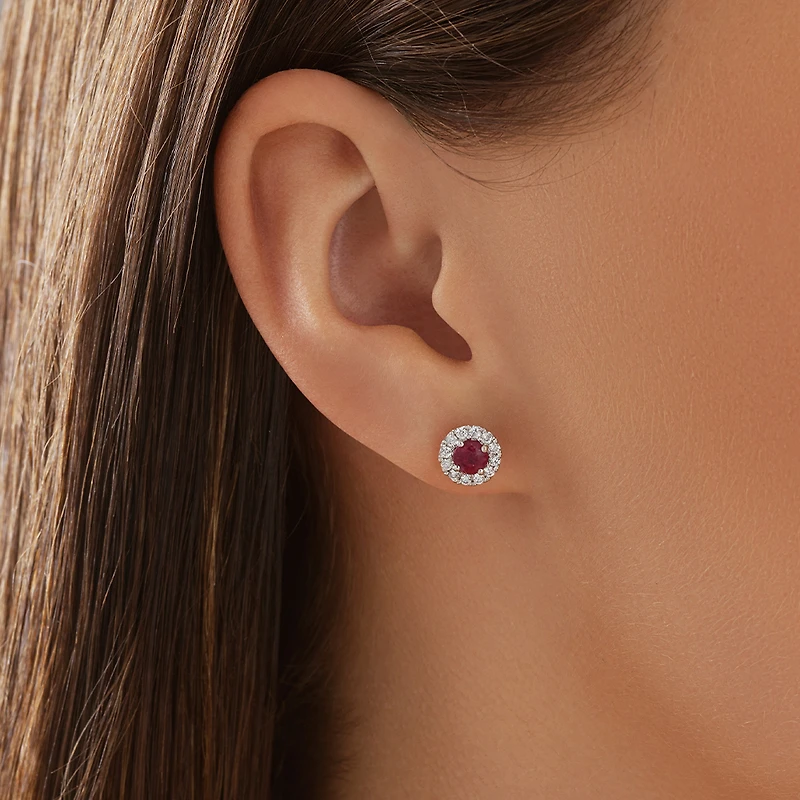 Halo Stud Earrings with Natural Ruby & 0.28 Carat TW of Diamonds in 10kt White Gold