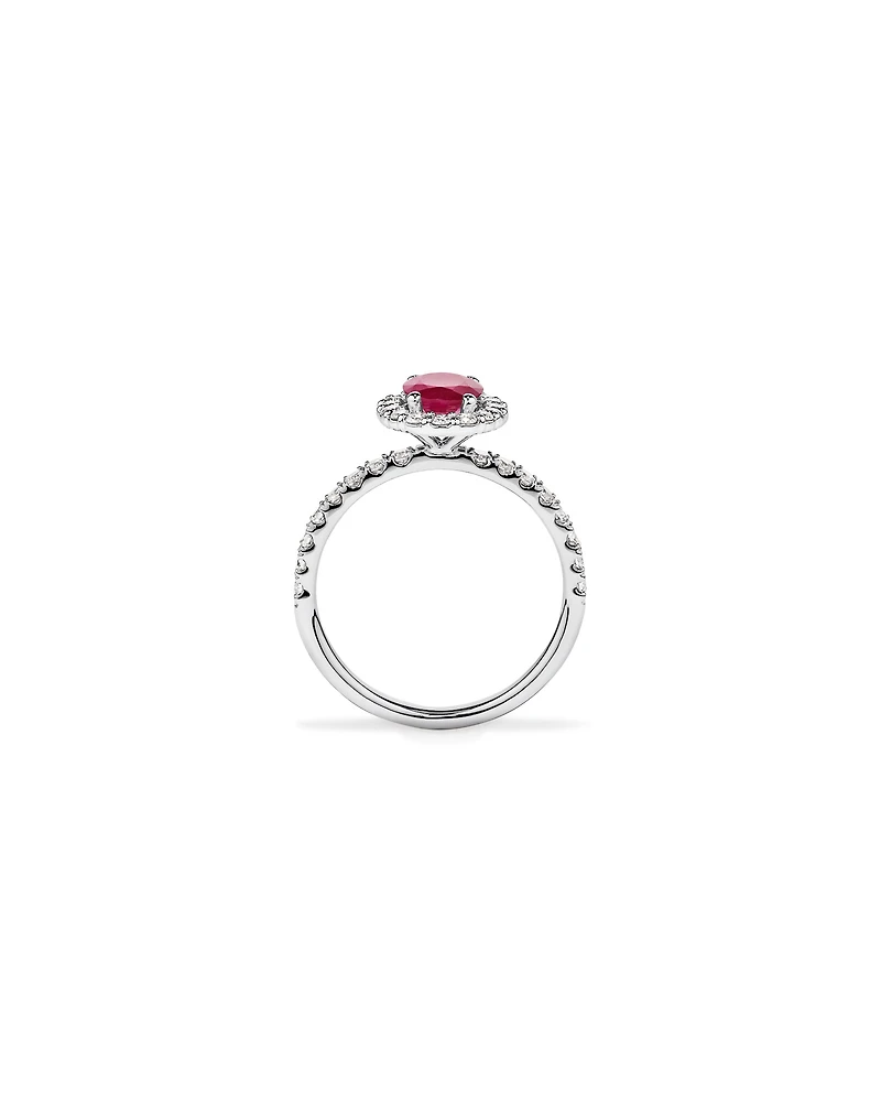 Oval Cut Red Ruby Gemstone and 0.60 Carat TW Diamond Halo Ring in 14kt White Gold
