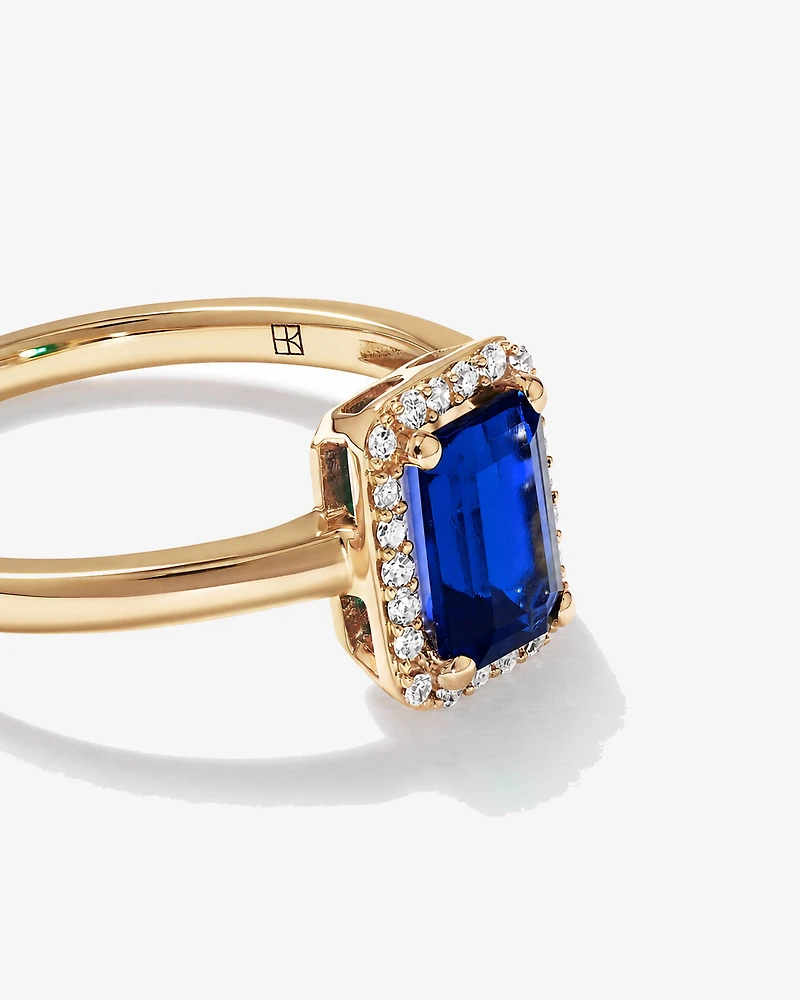 Emerald Cut Created Sapphire and Diamond Halo Ring 10kt Yellow Gold