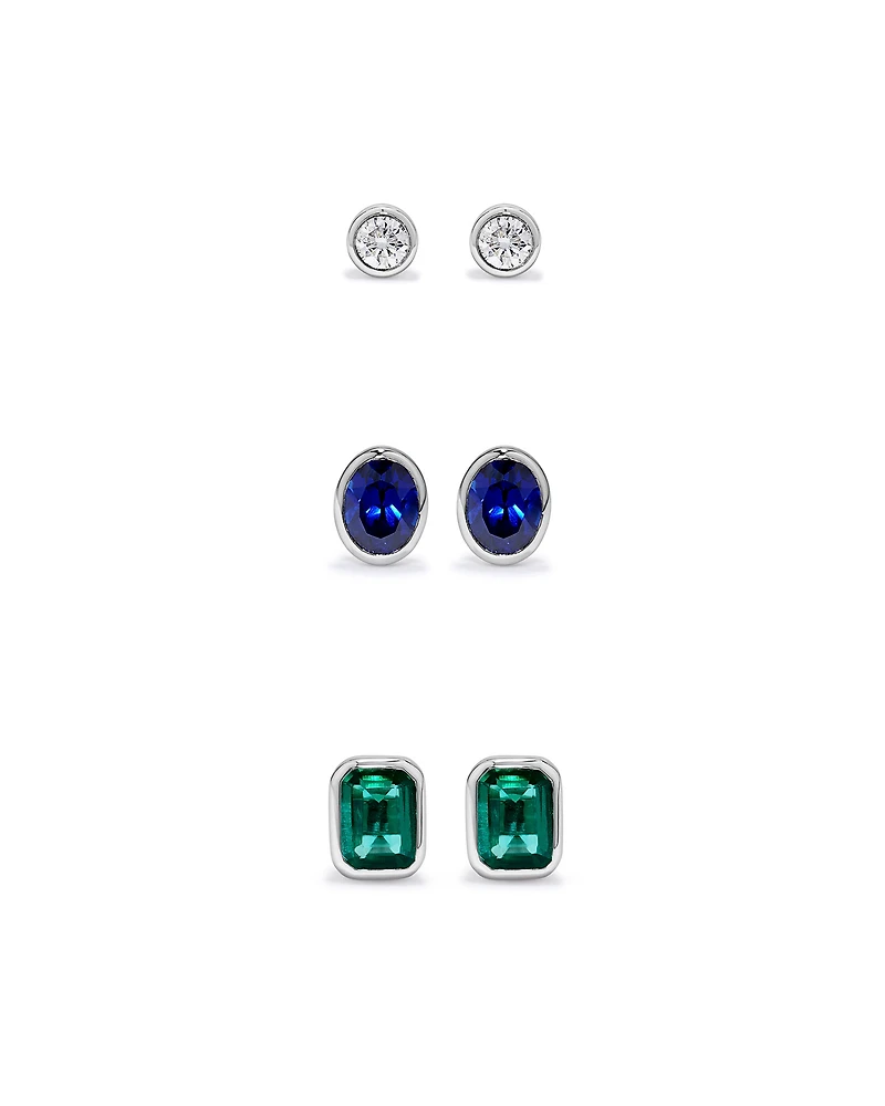 Stud en diamant de laboratoire, émeraude et saphir serti en argent sterling