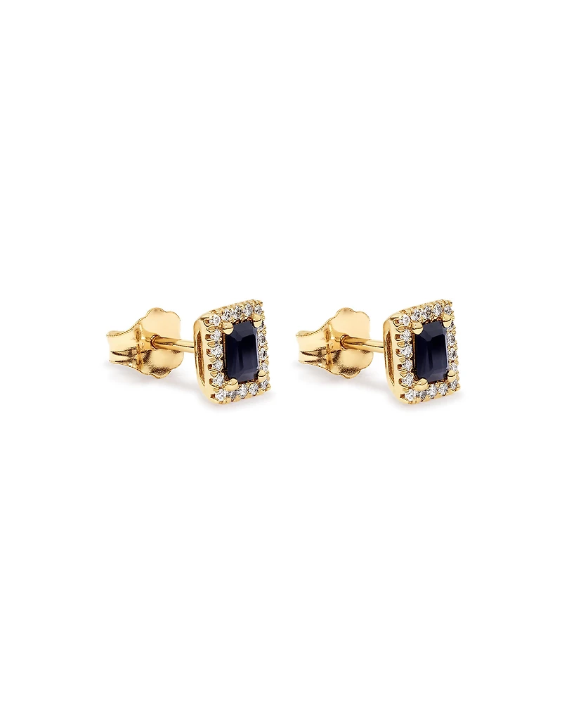 Emerald Cut Blue Sapphire Gemstone and 0.10 Carat TW Diamond Halo Stud Earrings in 10kt Yellow Gold