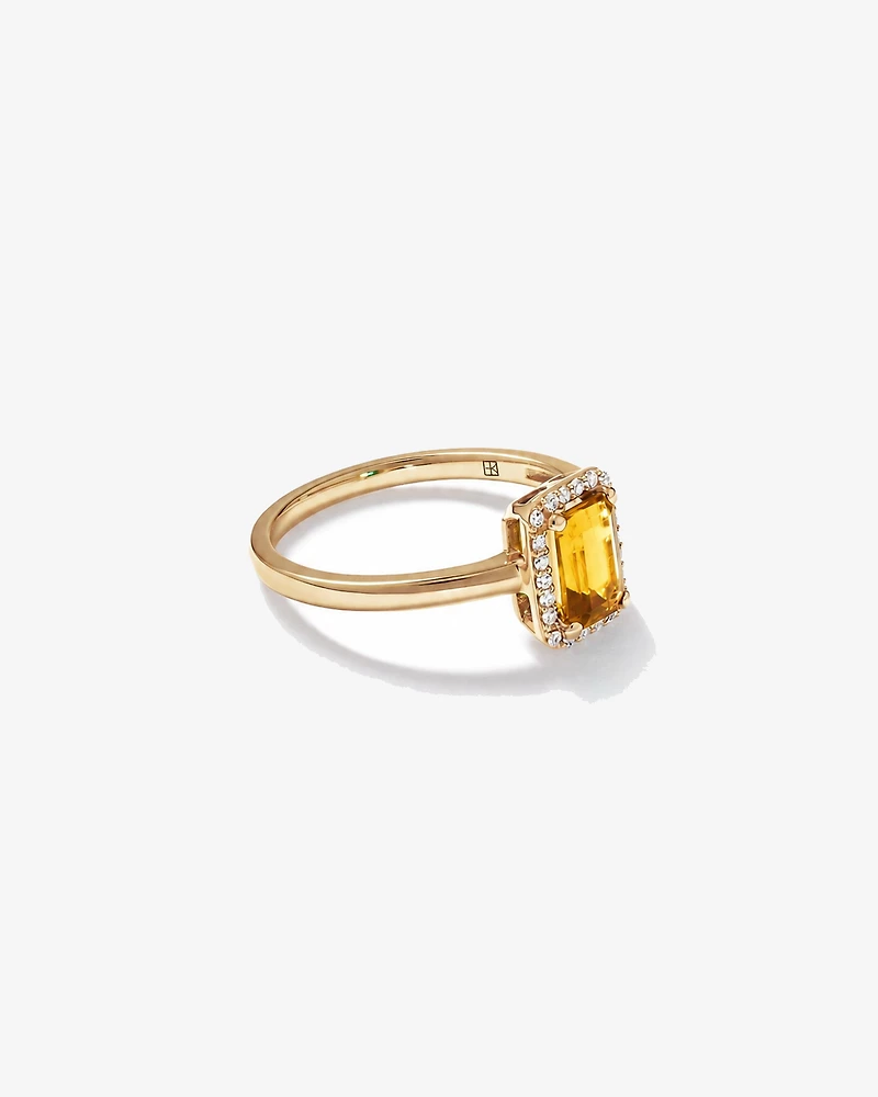 Emerald Cut Citrine and Diamond Halo Ring 10kt Yellow Gold