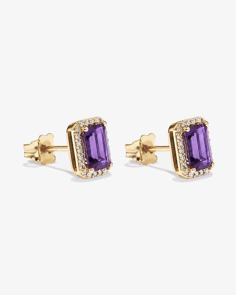 Emerald Cut Amethyst and Diamond Halo Earrings in 10kt Yellow Gold