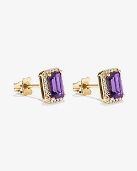 Emerald Cut Amethyst and Diamond Halo Earrings in 10kt Yellow Gold