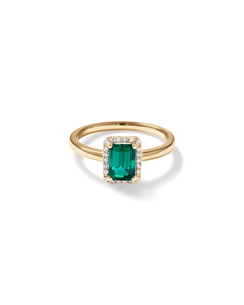 Emerald Cut Green Created Emerald Gemstone and Diamond Halo Ring in 10kt Yellow Gold