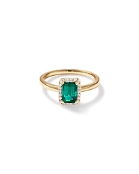 Emerald Cut Green Created Emerald Gemstone and Diamond Halo Ring in 10kt Yellow Gold