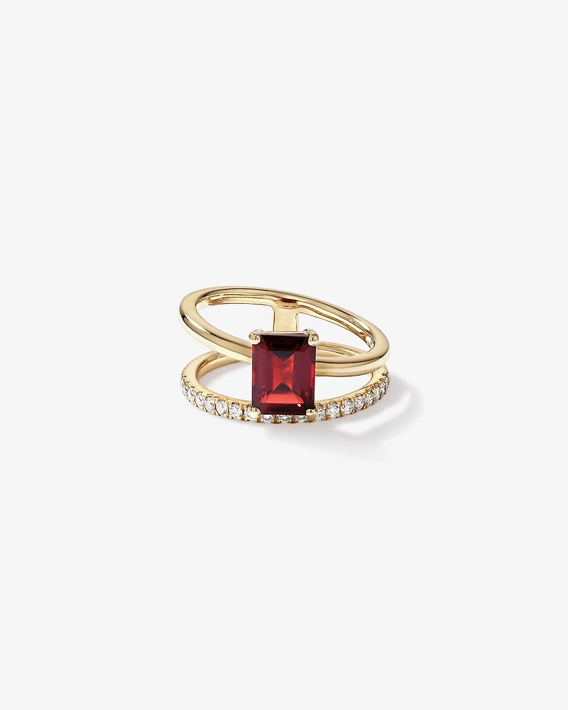 Emerald Cut Garnet with 0.25 Carat TW of Diamonds Double Band Ring in 10kt Yellow Gold