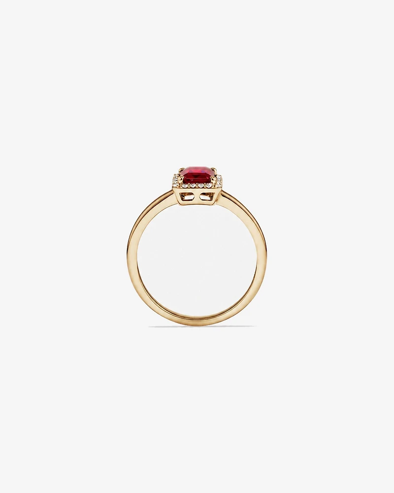 Emerald Cut Created Ruby and Diamond Halo Ring 10kt Yellow Gold