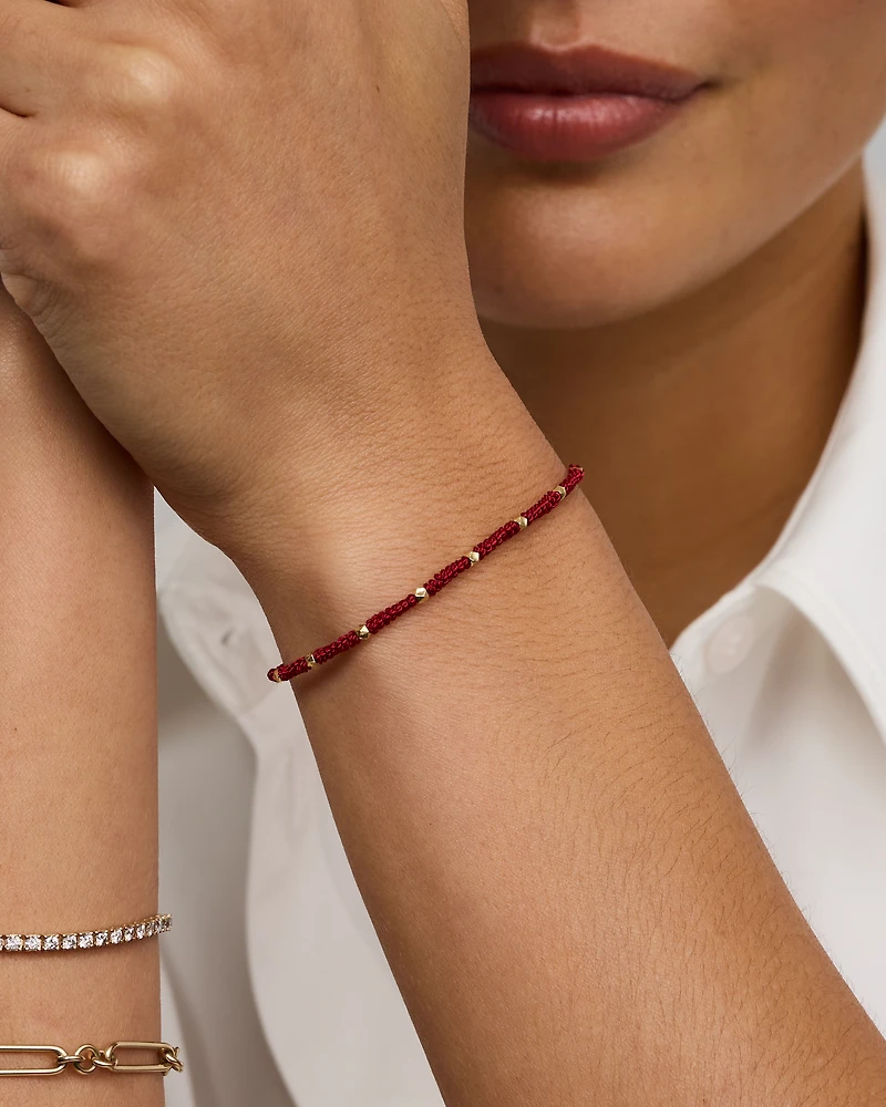 Burgundy Cord Bead Bracelet in 10kt Yellow Gold