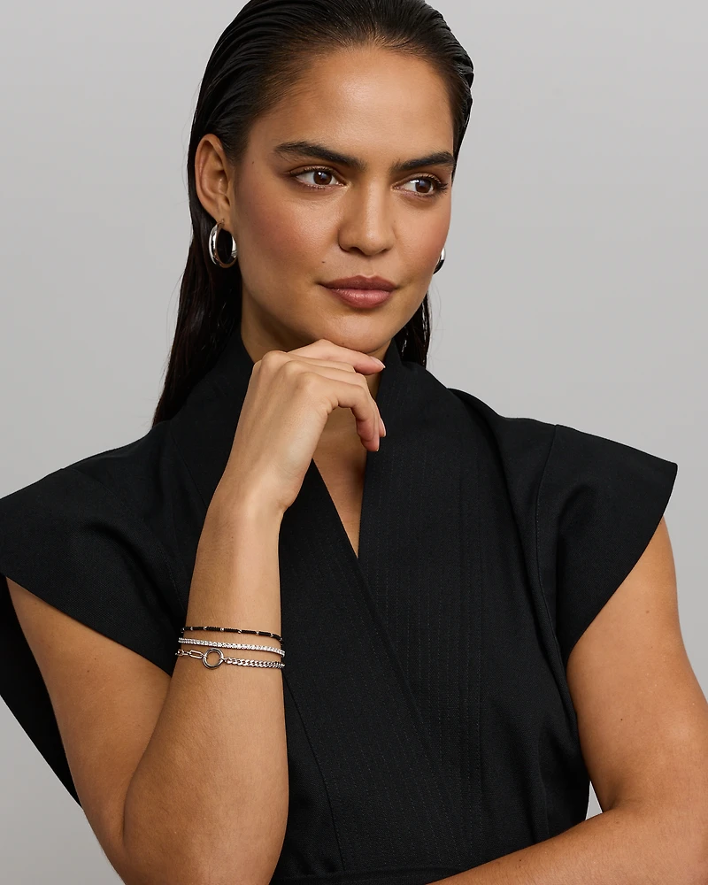 Black Cord Bead Bracelet in Sterling Silver