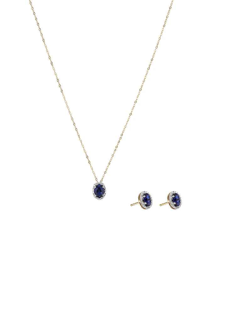 Oval Cut Blue Created Sapphire and Lab-Grown Diamond Halo Stud Earrings and Pendant Necklace Set in 10kt Yellow Gold and Rhodium
