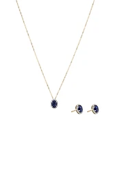 Oval Cut Blue Created Sapphire and Lab-Grown Diamond Halo Stud Earrings and Pendant Necklace Set in 10kt Yellow Gold and Rhodium