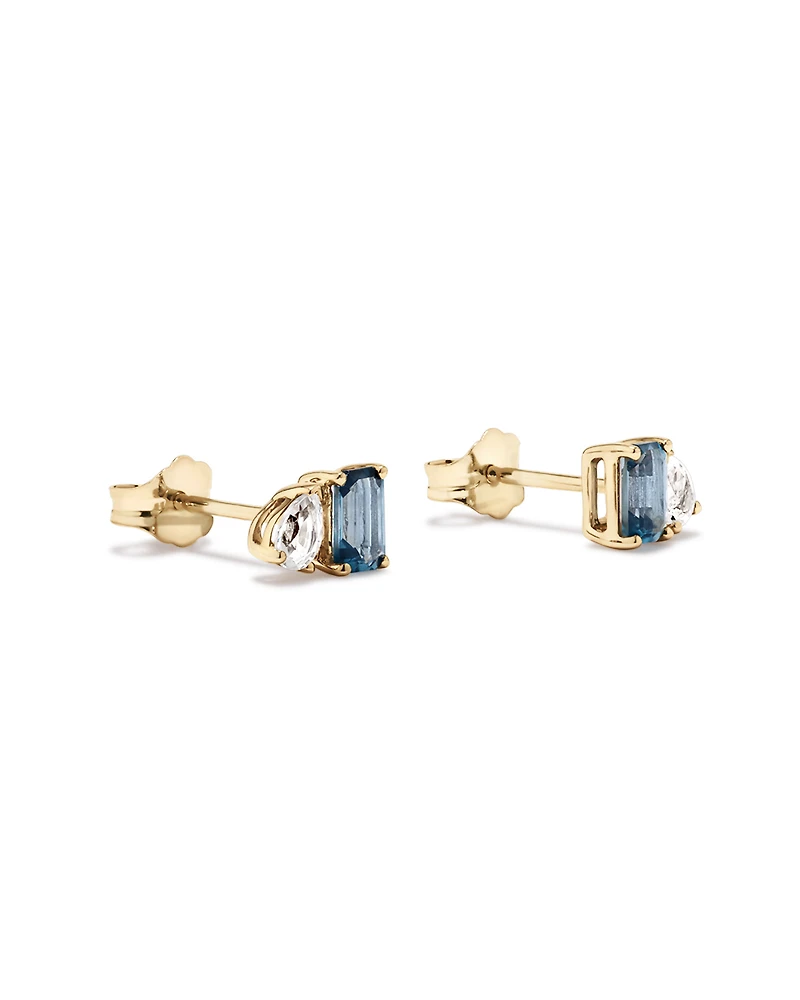 Pear-Cut White Sapphire and Emerald-Cut London Blue Topaz Toi Et Moi  Earrings in 10kt Yellow Gold