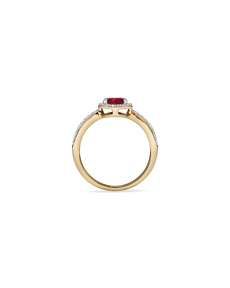 Round Cut Red Created Ruby and Lab-Grown Diamond Halo Ring in 10kt Yellow Gold and Rhodium