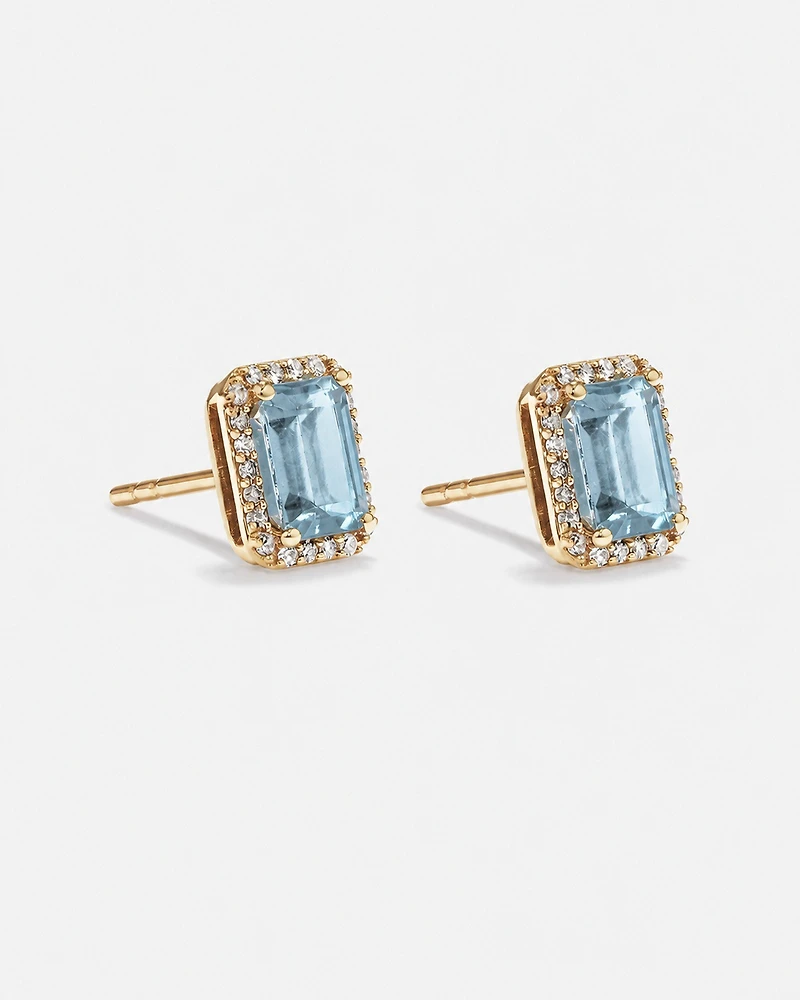 Boucles d'oreilles halo Topaze bleue taille émeraude avec diamants en or jaune 10 ct