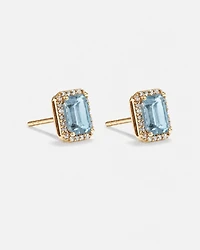 Boucles d'oreilles halo Topaze bleue taille émeraude avec diamants en or jaune 10 ct
