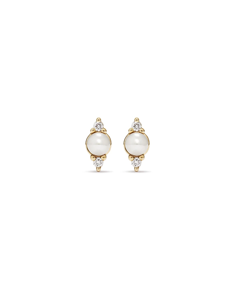 Three Stone Cultured Freshwater Pearl and Diamond Stud Earrings in 10kt Yellow Gold