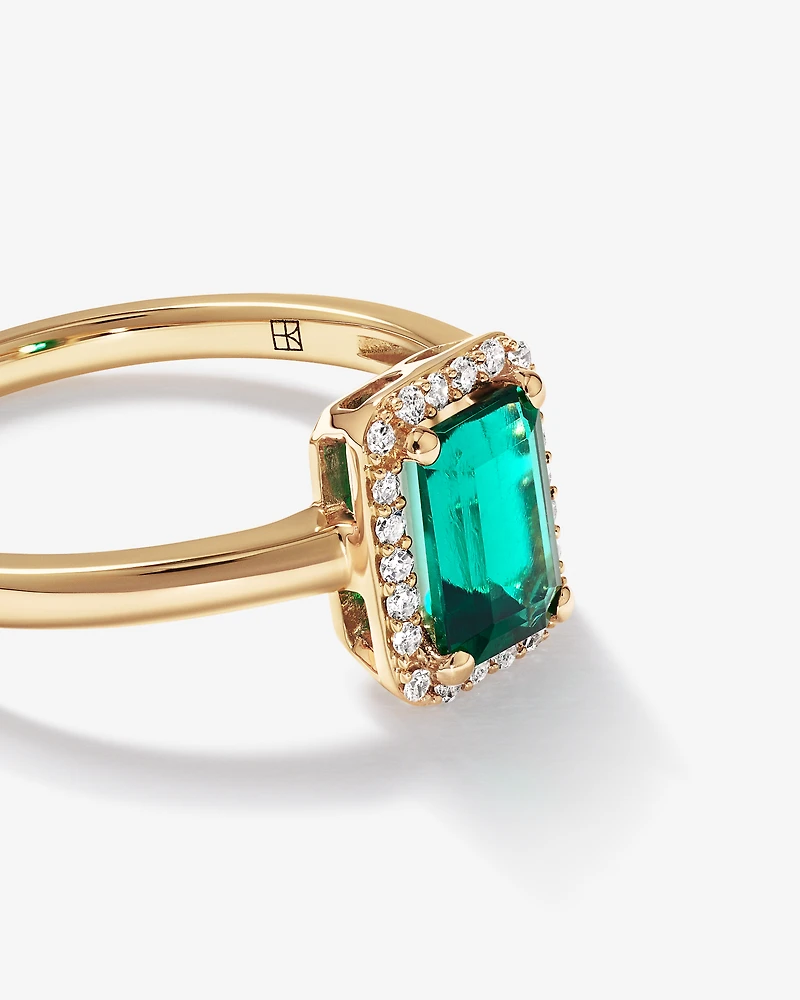 Emerald Cut Green Created Emerald Gemstone and Diamond Halo Ring in 10kt Yellow Gold