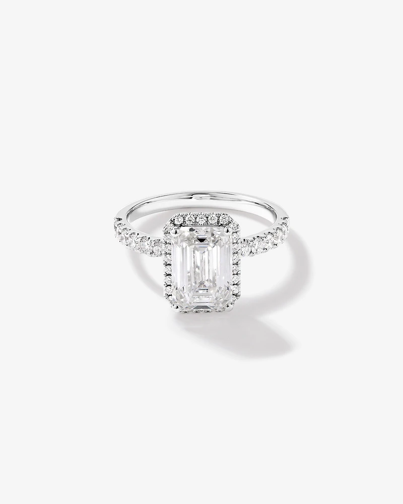 3.60 Carat TW Emerald Cut Laboratory-Grown Diamond Halo Engagement Ring 18kt White Gold