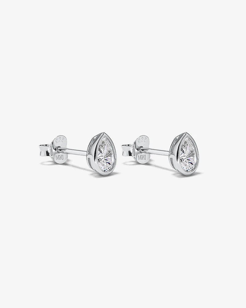 Pear Shaped Cubic Zirconia Bezel Set Stud Earrings in Sterling Silver