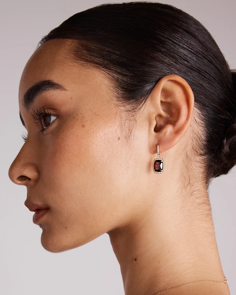 Cushion Cut Red Garnet Gemstone and Diamond Halo Drop Earrings 10kt Yellow Gold