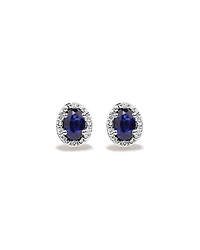 Oval Cut Blue Created Sapphire and Lab-Grown Diamond Halo Stud Earrings and Pendant Necklace Set in 10kt Yellow Gold and Rhodium