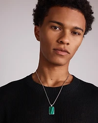 Rectangle Green Malachite Gemstone Pendant Chain Necklace in Sterling Silver