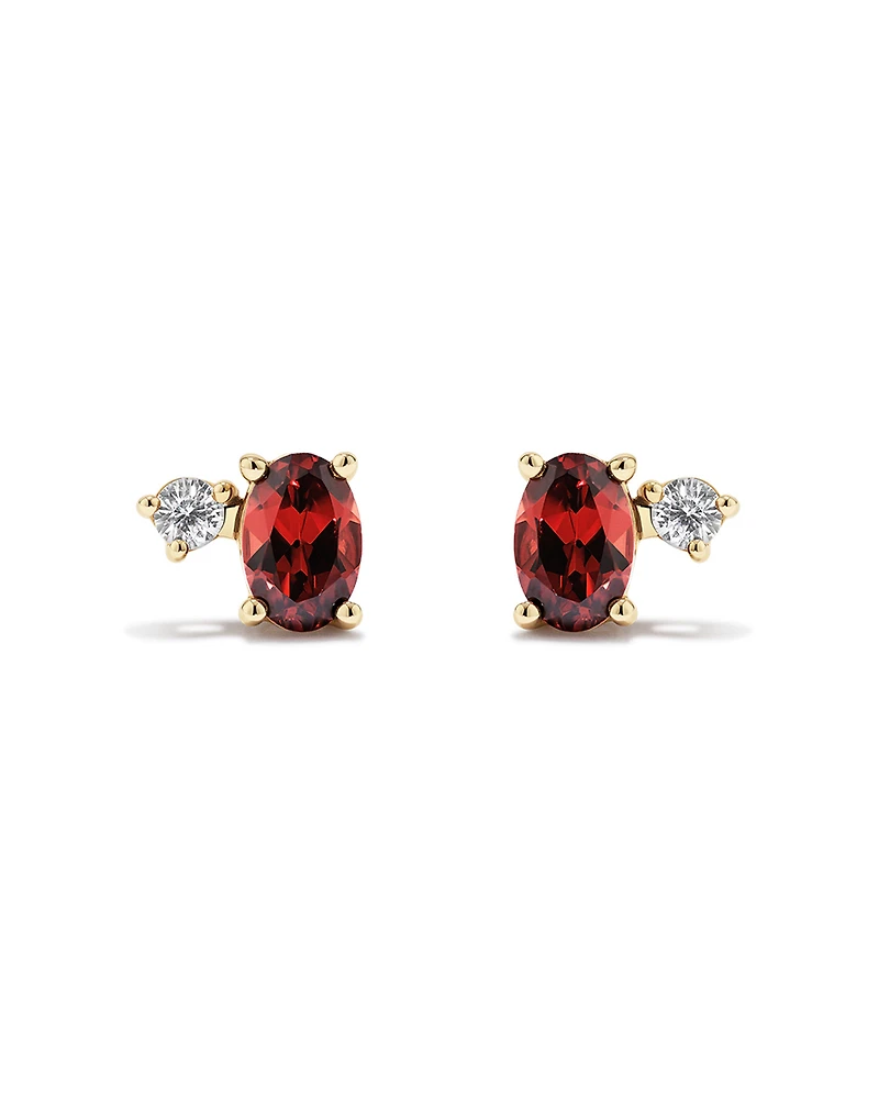 Round White Sapphire and Oval-Cut Garnet Toi Et Moi Stud Earrings in 10kt Yellow Gold
