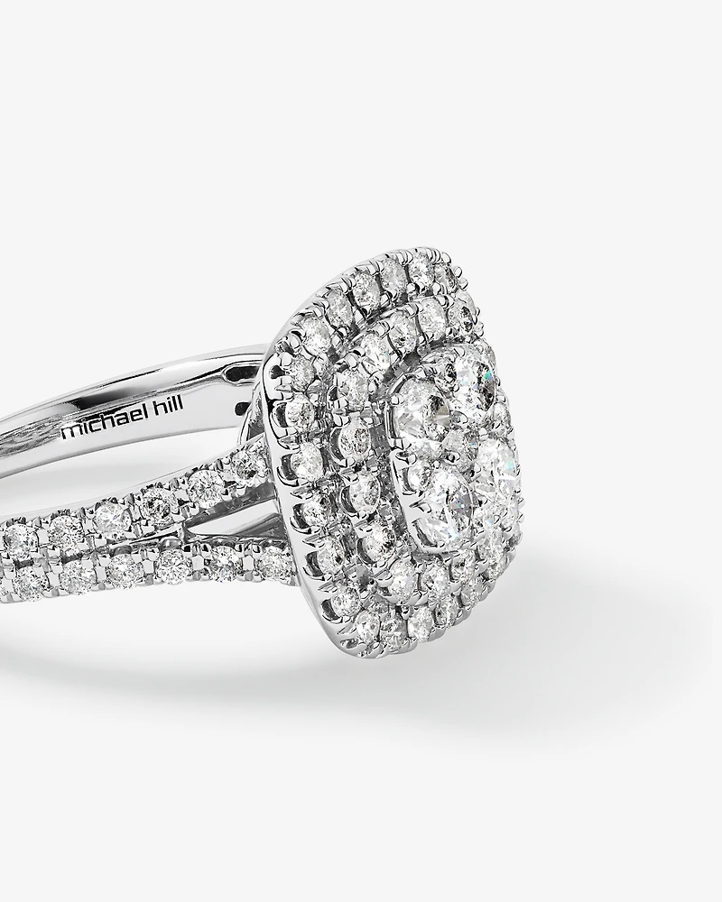 1.30 Carat TW Cushion Shaped Cluster Halo Diamond Ring in 10kt White Gold