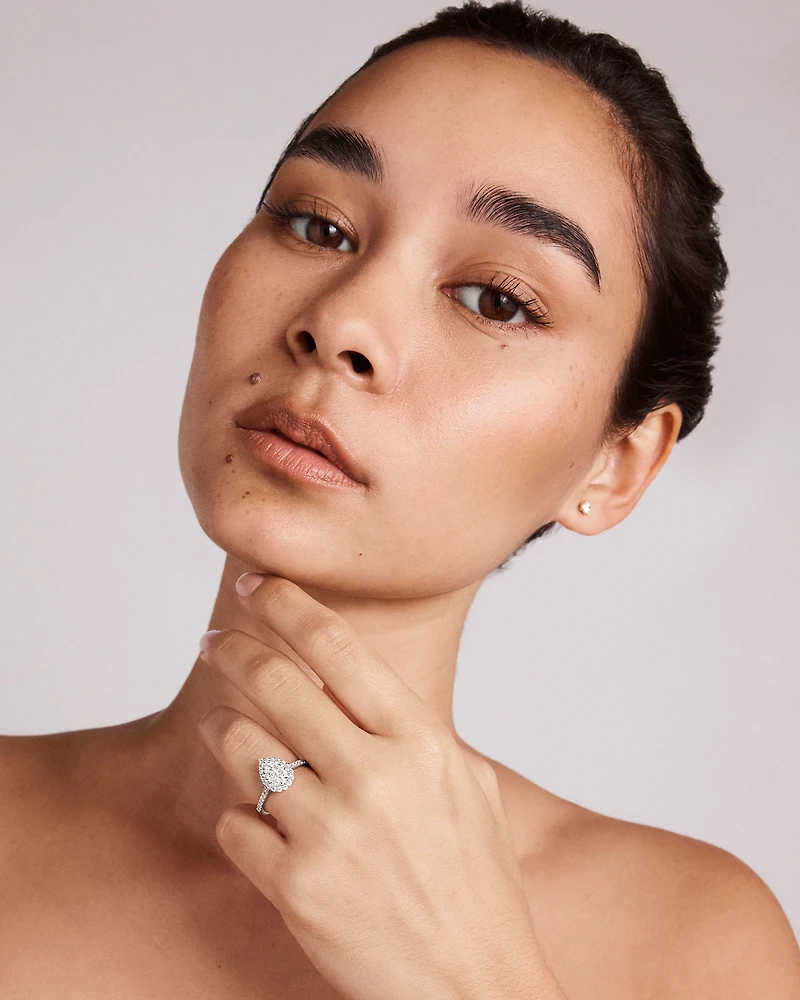 0.79 Carat TW Pear Shaped Cluster Diamond Halo Engagement Ring in 14kt White Gold