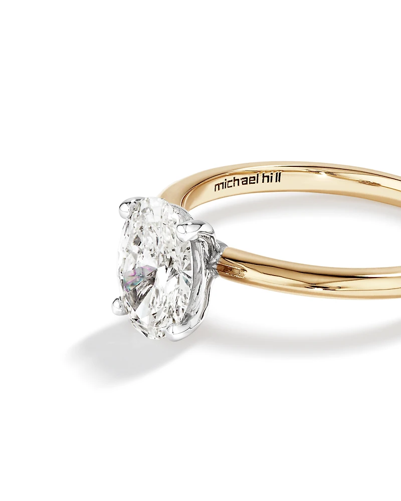 Bague de fiançailles en diamant solitaire ovale cultivée laboratoire 1,25 carat or jaune et blanc 14 carats