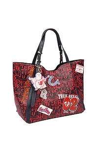 True Religion Red Multi Patch Graphic Tote Bag