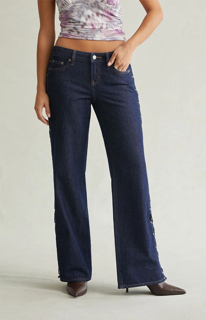 Pacsun Zoe Low Rise Girlfriend Jeans Lace-Up Side Dark Blue