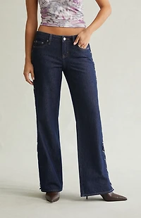 Pacsun Zoe Low Rise Girlfriend Jeans Lace-Up Side Dark Blue