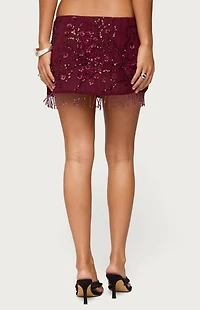 Edikted Chiffon Sequin Bead Fringed Mini Skort