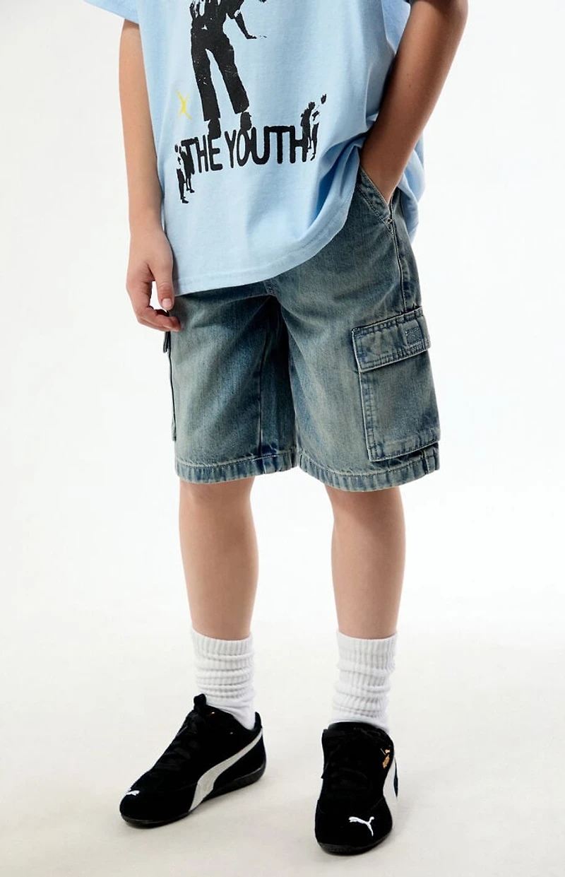Pacsun Kids Extreme Baggy Denim Shorts Cargo Medium Blue Tint