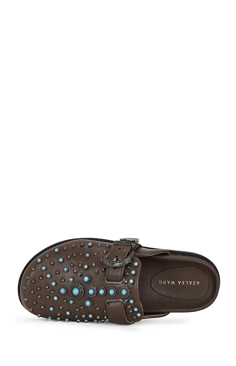 AZALEA WANG Women's Brown Flair Faux Leather Turquoise Mules