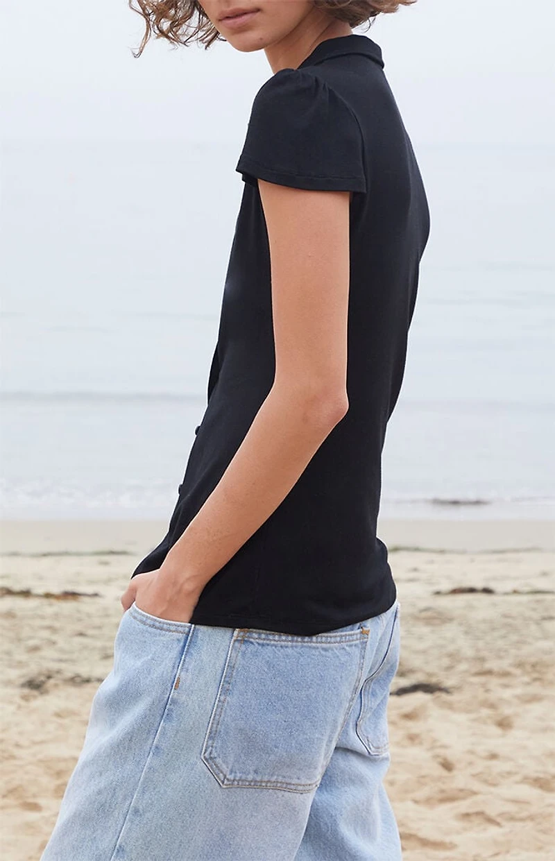 John Galt Black Button Front Collared Top