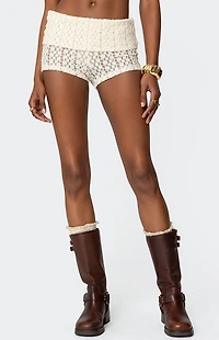 Edikted Rye Sheer Textured Fold Over Shorts