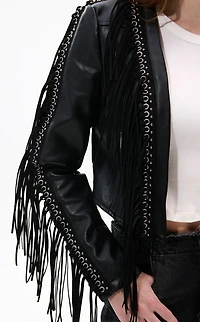 AZALEA WANG Olivier Black Faux Leather Fringe Western Jacket