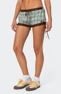 Edikted Lavish Lace Trim Plaid Shorts