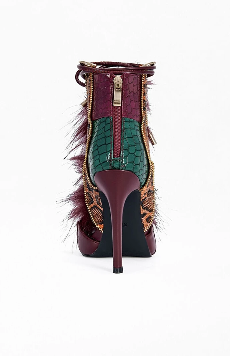 AZALEA WANG Women's Heather Burgundy Faux Fur Stiletto Sandals