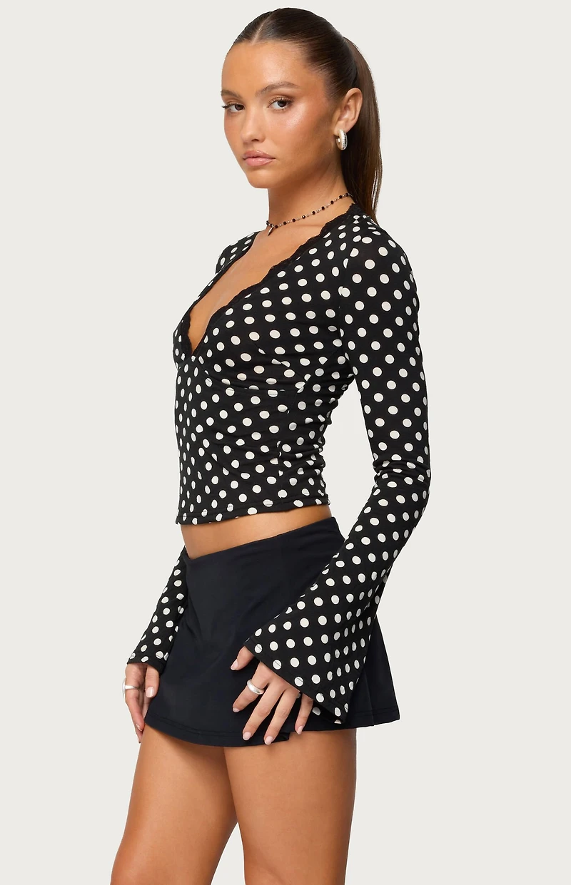 Edikted Polka Dot Lacey Plunge Neck Top