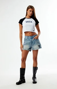 HYPE & VICE Yale Bulldogs High Waisted Relaxed Patched Denim Shorts
