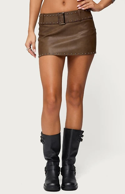 Edikted Studded Belt Faux Leather Mini Skort